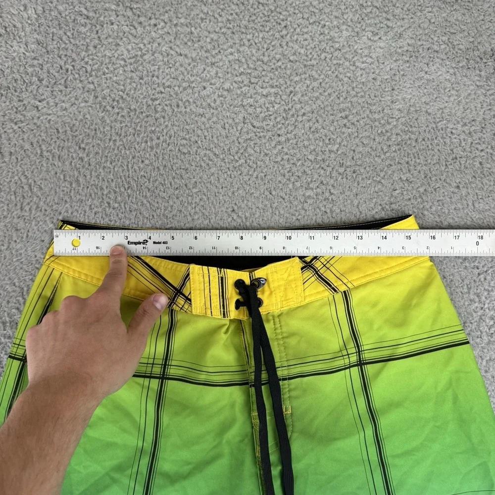 Hang Ten Board Shorts Mens 32 Yellow Green Blue Plaid Stretch Swim Trunks Surfer